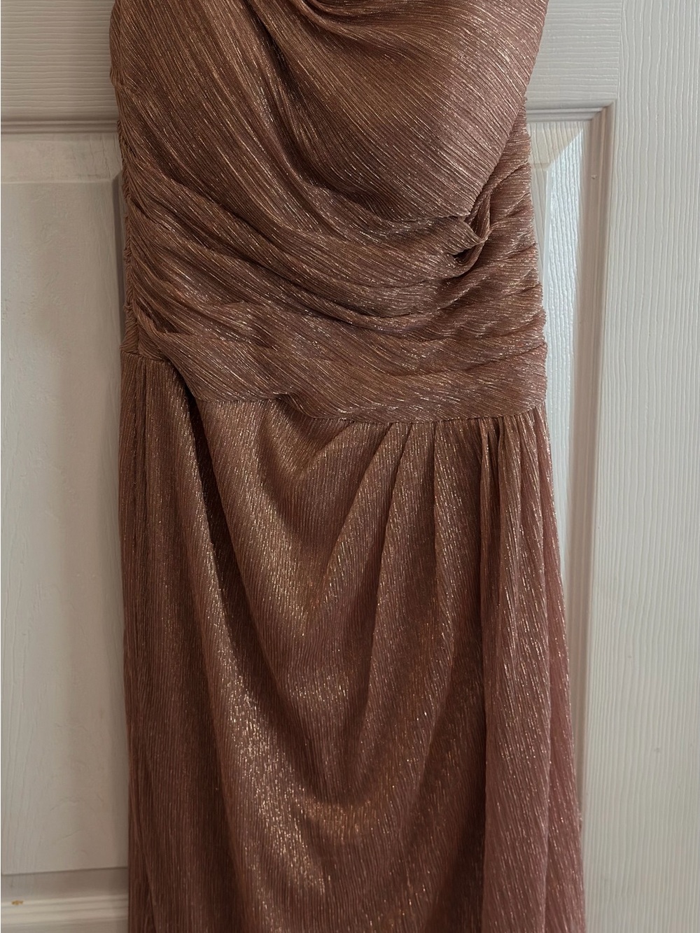 Strapless Metallic Rose Gold Formal Evening Gown with Draped Bodice